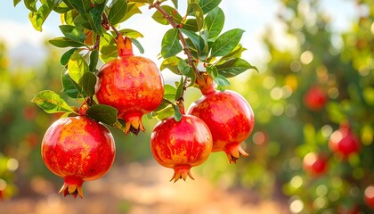 나뭇가지에 매달린 잘 익은 석류 Ripe Pomegranates Hanging on Tree Branch