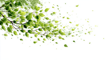 Green Leaves Swirl in Air on White
