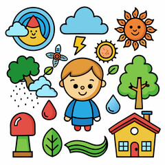 Fototapeta premium Colorful cartoon icons set with nature, weather, and home…