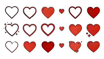 Diverse Collection of Heart Shapes and Styles Isolated on White for Romance and Wedding Design