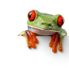 a cute tree frog peeking over the edge of a blank