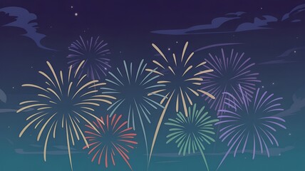 Stylized illustration of colorful fireworks exploding in a dark night sky with subtle clouds.