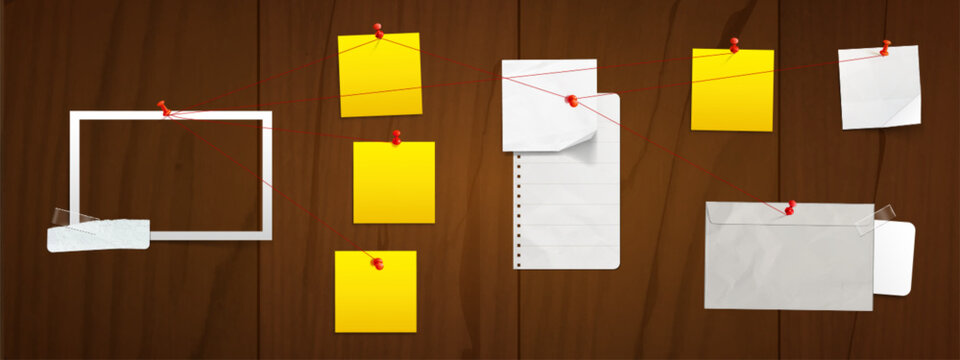 Detective investigation board with crime evidence and red threads connecting clues. Wooden police pinboard with criminal case photos, suspect notes and investigation materials. Forensic workplace.