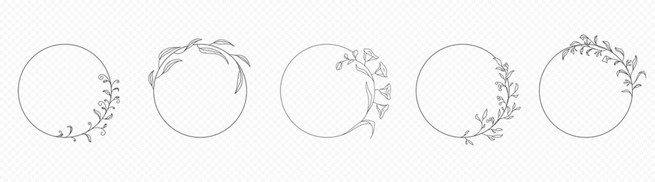 Elegant floral frame with delicate flower wreath and monogram design. Vintage circle border with laurel leaves and botanical elements for wedding invitations. Vector royal decorative pattern.