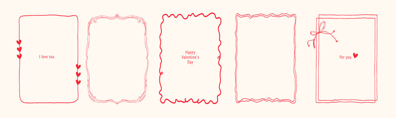 Hand Drawn Retro Vintage Frames Set for Valentines Day Design. Charcoal Borders Collection. Simple Vintage Frames in Hand Drawn Sketch Style. Vector Illustration