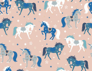 Seamless Pattern with Cute Unicorn. Magic Print Design for Holiday, New Year, Greeting Cards, Party Invitations Design, Fabric, Textile, Gift Paper. Vector