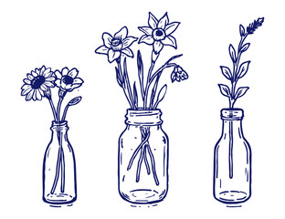 Vector Set of Flowers Bouquet Hand Drawn Illustrations. Floral Sketch Doodle Drawings for Mothers day Design, Banners, Invitations, Holidays, Birthday Cards, Greeting, Party. Flowers in Crayon Style