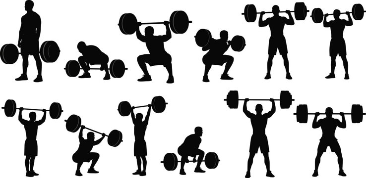 Barbell weightlifting silhouette series showing deadlift, squat, overhead press, and clean jerk on white background fitness design 