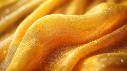 Close-up of flowing golden fabric with subtle sparkling highlights and soft texture