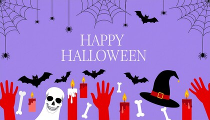 Purple happy halloween design with bats, spiderwebs, bones, candles  perfect for spooky seasonal projects like invitations, posters, and social media posts.
