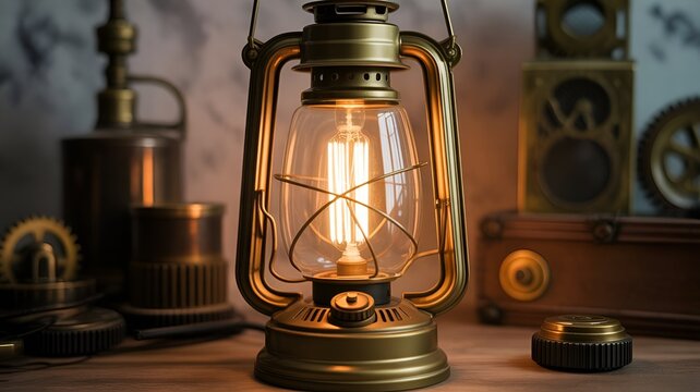 Close-up of an antique brass oil lantern with a glowing filament, set against a steampunk-inspired background of gears and metal.