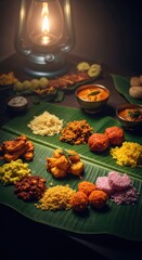 Traditional south indian food served on banana leaf with lantern for festive occasion.