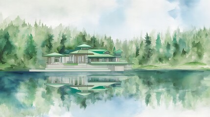 Fototapeta premium Serene lake house illustration blends nature tranquility modern design editorial landscape art