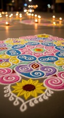 Vibrant rangoli art on the floor, adorned with intricate patterns and bright colors. Festive.