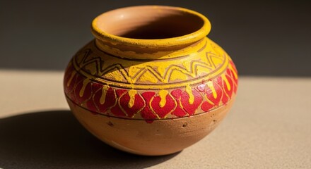 Earthen pot with red and yellow patterns, traditional craftsmanship and cultural heritage.