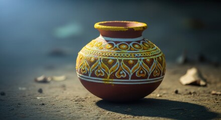 Earthen pot with traditional painting, showcasing cultural artistry and craftsmanship.
