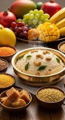 Pongal dish with cashew nuts and curry leaves surrounded by fruits and grains on wood.