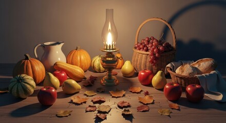 Fall harvest still life with pumpkins, apples, pears, grapes, and autumn leaves on table.