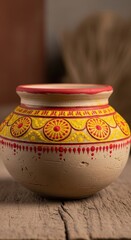 Handcrafted clay pot with yellow and red floral pattern on a rustic wooden surface.