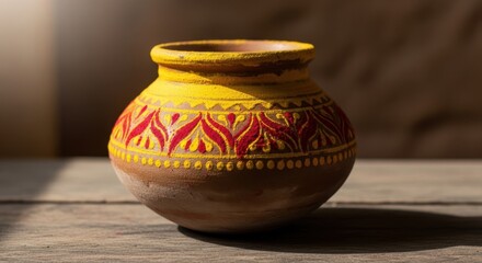 Earthen pot with yellow and red pattern on wood table, traditional craftsmanship concept.