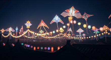 Colorful kites and glowing lanterns adorn a rooftop at night during a festival celebration.