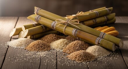 Pile of sugar cane stalks with grains, rice, and corn cobs on a weathered wood surface.