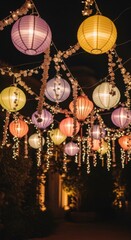 Festive paper lanterns illuminate an outdoor space, creating a warm, inviting ambiance.