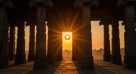 Sunrise shines through stone columns of ancient temple. Sunlight, architecture concept.