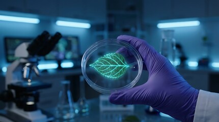 Scientist Holding Holographic Leaf in Futuristic Laboratory.