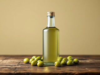 Bottle of clear liquid flanked by green olives on a wooden surface