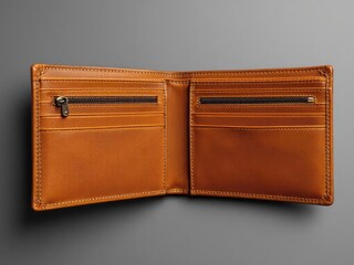 Open, flat, leather wallet with pockets and two zipped compartments
