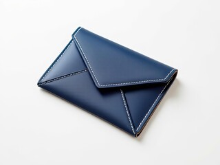 A close-up of a blue leather envelope, white stitching, plain background