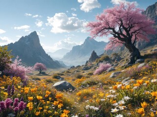 Scenic mountain valley with blooming trees, wildflowers, and blue sky