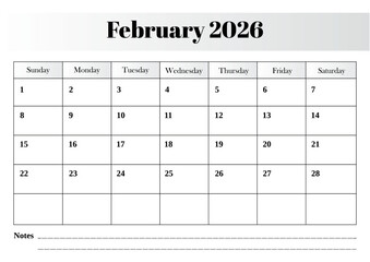 February 2026 monthly calendar vector design with a clean, well-structured grid layout.ai