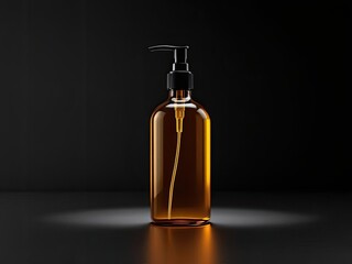 Amber glass dispenser bottle with black pump on a dark, reflective surface