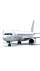 Fototapeta premium A digitally rendered, sleek white passenger jet is isolated against a stark white background.
