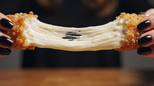 Hands pulling apart crispy fried snack revealing stretchy melted cheese filling