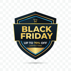 Black Friday Sale Shield Badge with Up to 70% Off Promotion