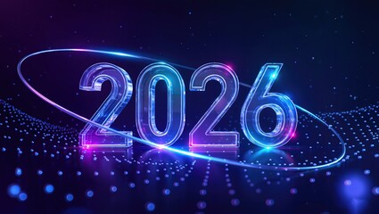 Happy New Year 2026 in neon light. 3D Rendering.