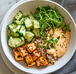 Comfort Grain Bowl With Crispy Tofu, Cucumber, And Creamy Sauce On White Plate

