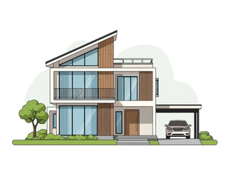 Modern Two-Story House Vector Illustration with Minimalist Architecture