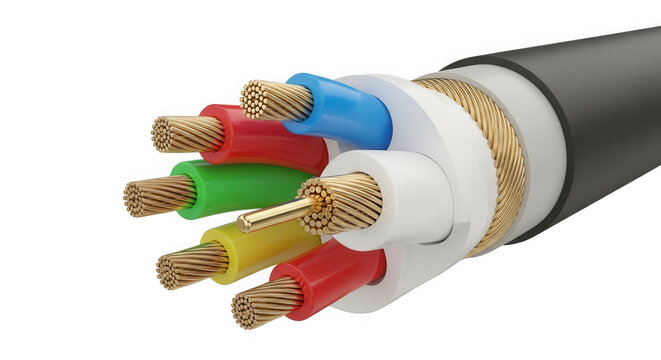 Cutaway view of electrical multicore cable showing internal structure isolated on transparent background