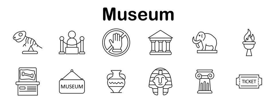 Museum set icon. Dinosaur skeleton, sculpture, no touch sign, building, mammoth, torch, fossil, hanging sign, amphora, sarcophagus, column, admission ticket depicted.