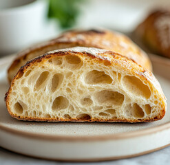 Rustic Sourdough Bread With Open Crumb And Crispy Crust On White Plate

