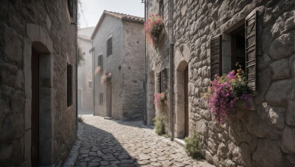 Obraz premium Charming Stone Alleyway in a Historic European Village.