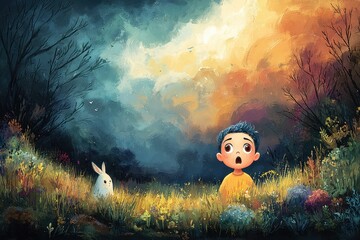 Young boy and white rabbit gaze with surprise, enchanted forest setting, vibrant fantasy sky, a mood of whimsical discovery.