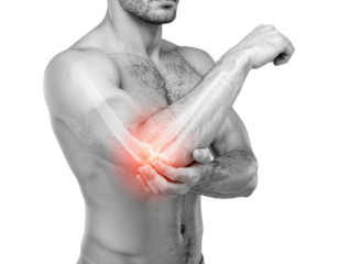 Illustration of person with elbow pain arm joint discomfort injury gesture anatomy medical graphic isolated on white background