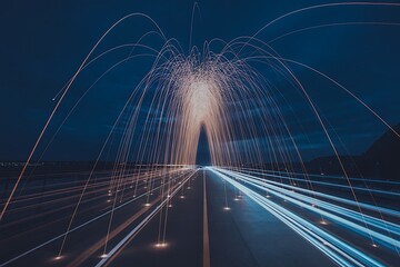 Fototapeta premium Vibrant light trails on a modern highway at night