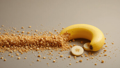 Banana lies on smooth surface surrounded by crumbled biscuit pieces, with slice of banana adding touch of freshness. composition is playful and inviting