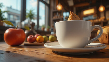 Cozy cafe scene with white cup and saucer wooden table, featuring biscuit inside cup. In background, assortment of fresh fruits, including apple, adds touch of color. Warm lighting enhances